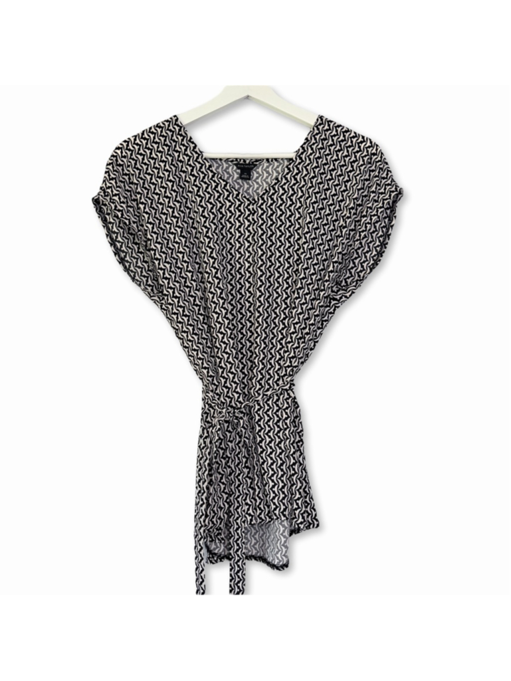 Ann Taylor New Black White Geometric Print Belted Tunic Top Women's Size XS